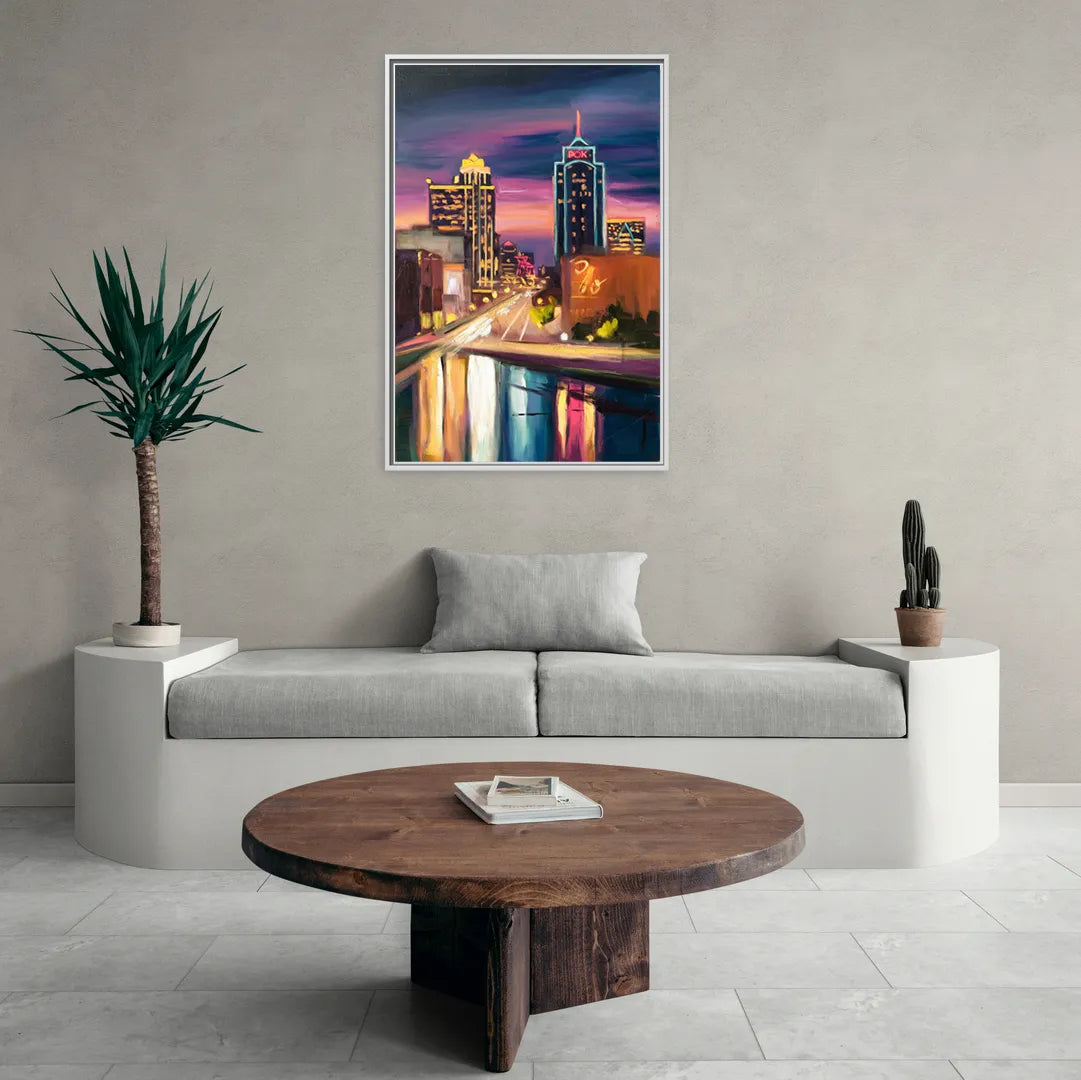 Tulsa Cityscape Glow - Living Room White Frame Canvas