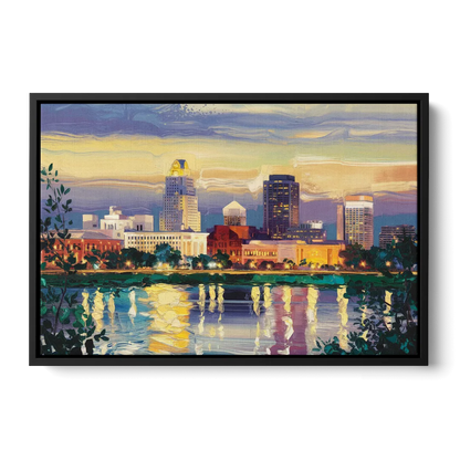 Greensboro Cityscape Panorama - Black Frame Canvas