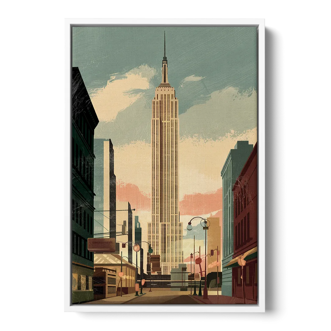 New York City Empire State Building Sunny - White Frame Canvas
