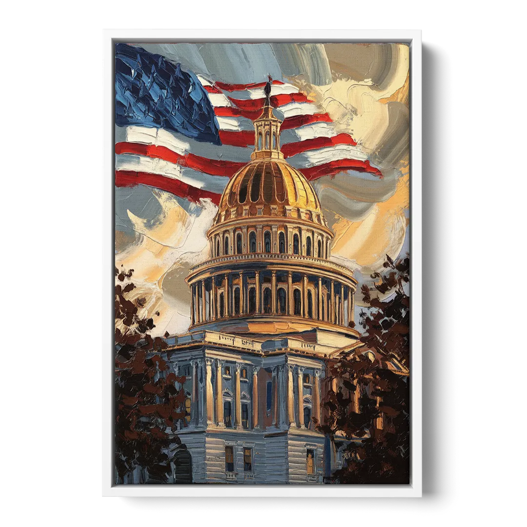 Savannah Capitol with American Flag - White Frame Canvas