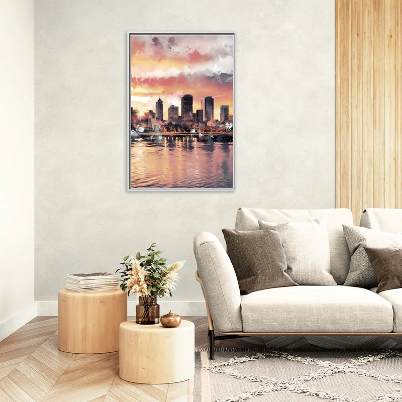 Buffalo Skyline at Sunset - Living Room White Frame Canvas