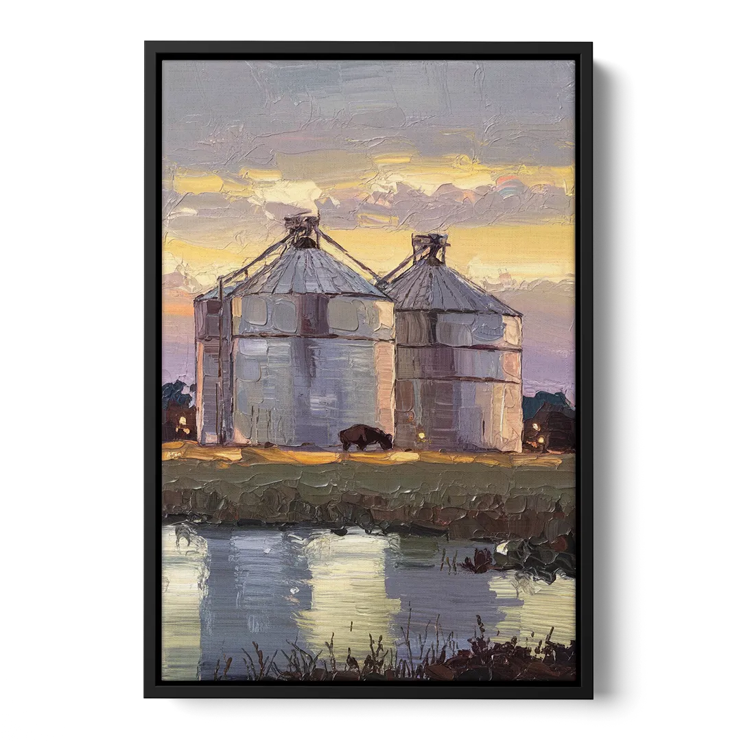 Buffalo Grain Silos at Dusk - Black Frame Canvas