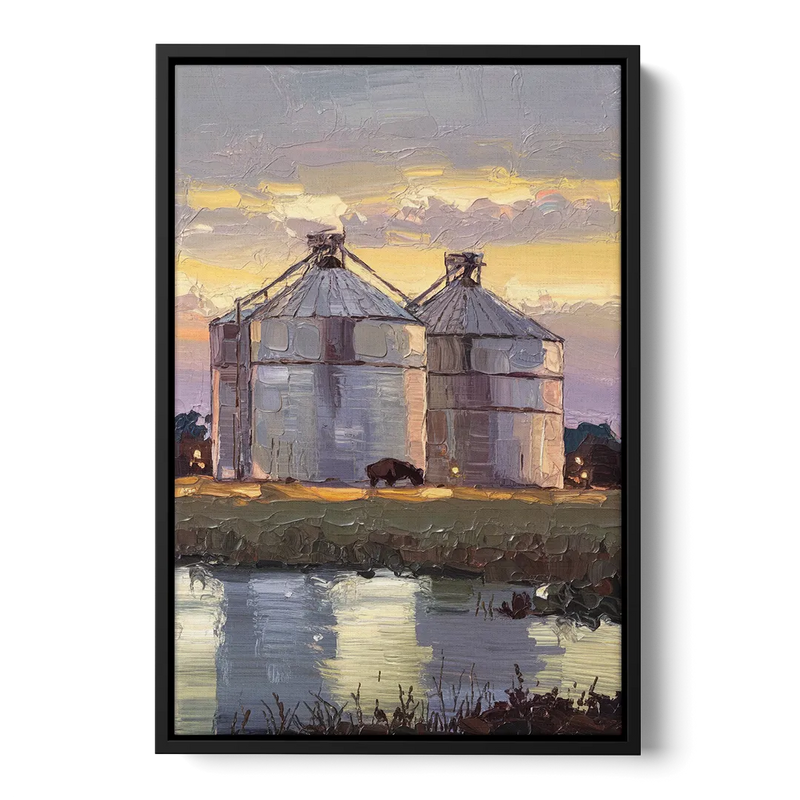 Buffalo Grain Silos at Dusk - Black Frame Canvas