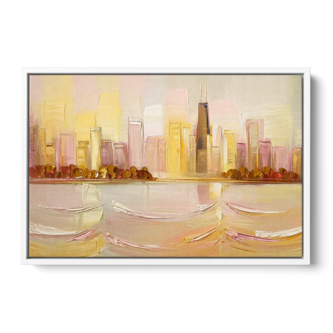 Chicago Cityscape At Dawn - White Frame Canvas