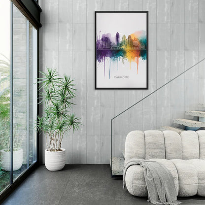 Charlotte Cityscape in Watercolor - Living Room Black Frame Canvas