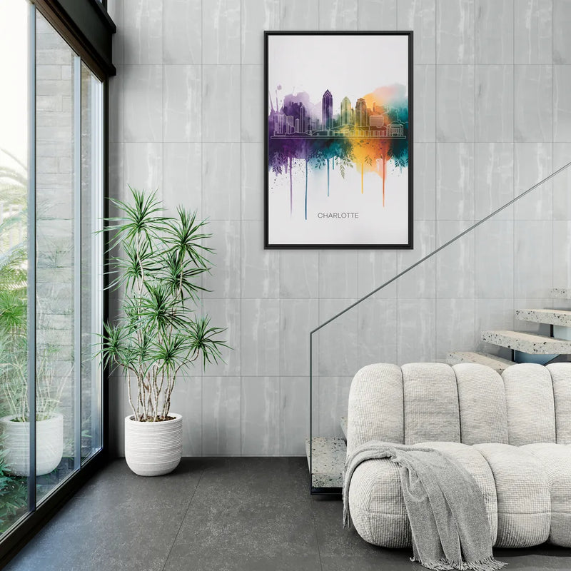 Charlotte Cityscape in Watercolor - Living Room Black Frame Canvas