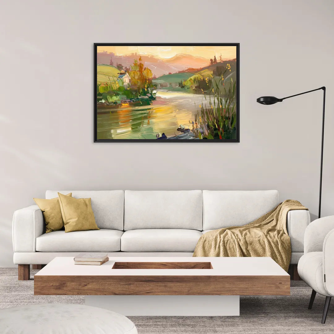 Ashland Riverfront Scene - Living Room Black Frame Canvas