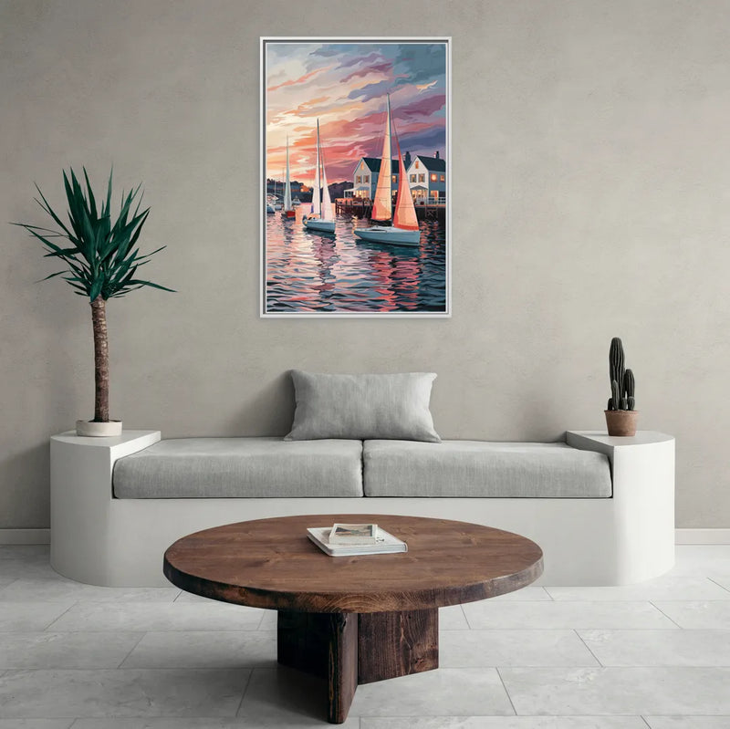 Camden Inner Harbor Sunset - Living Room White Frame Canvas