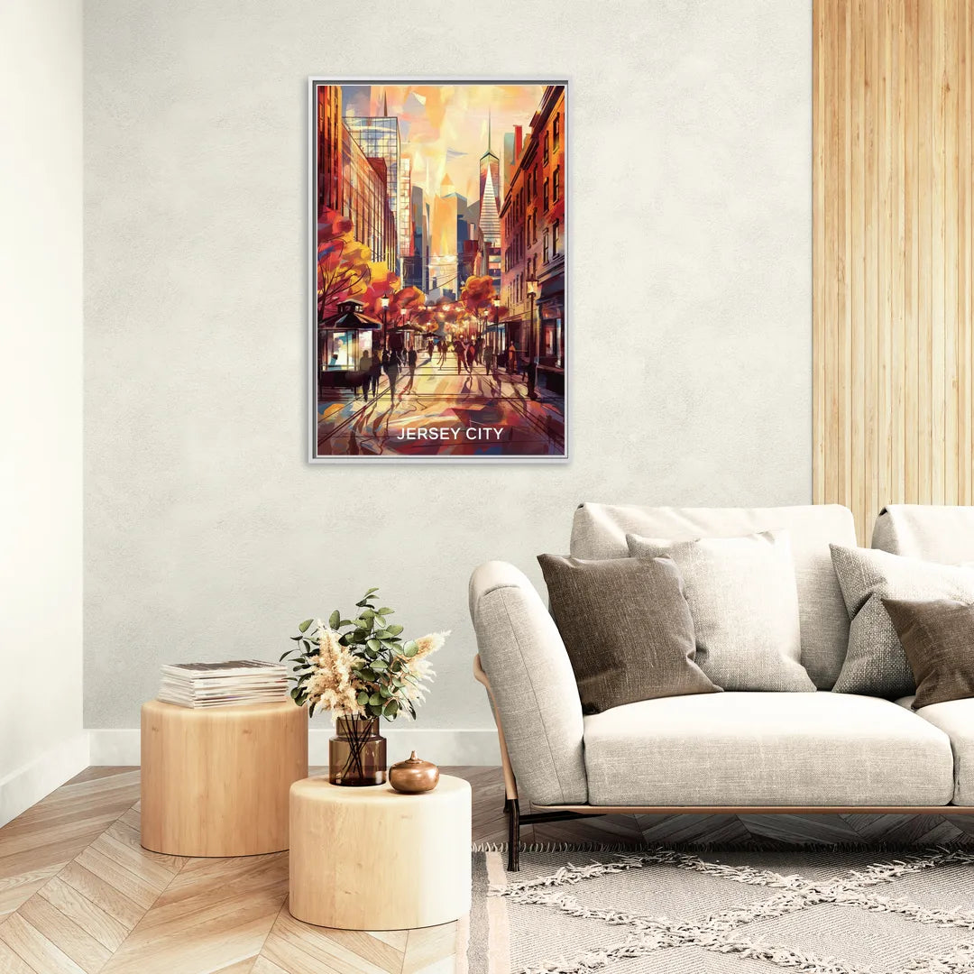 Jersey City Downtown Streetscape - Living Room White Frame Canvas