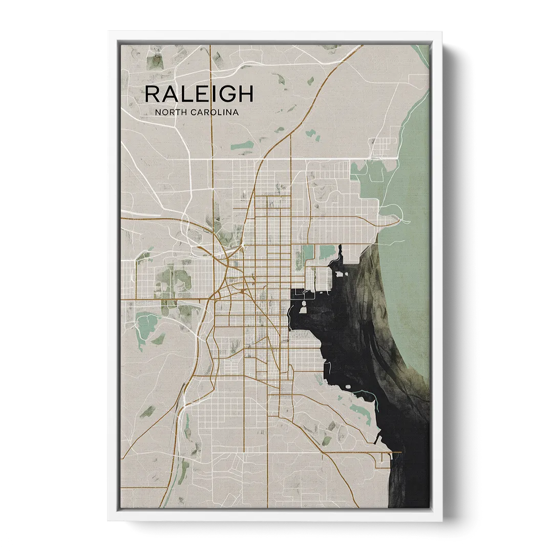 Raleigh City Map Design - White Frame Canvas