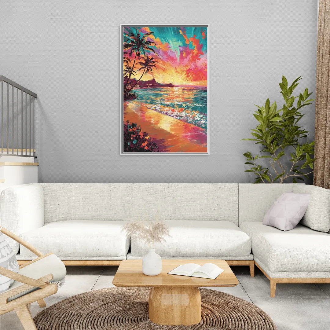 Honolulu Waikiki Beach Sunset - Living Room White Frame Canvas