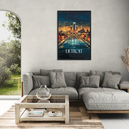 Detroit Scenic Nightscape - Living Room Black Frame Canvas