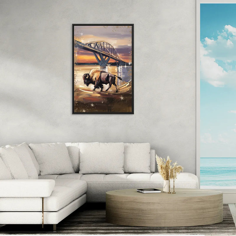 Buffalo Peace Bridge Glow - Living Room Black Frame Canvas