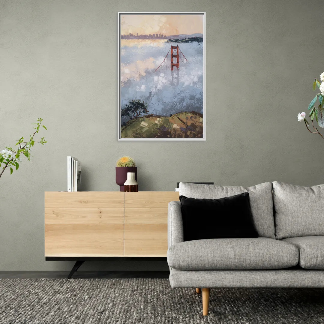 San Francisco Foggy Morning - Living Room White Frame Canvas