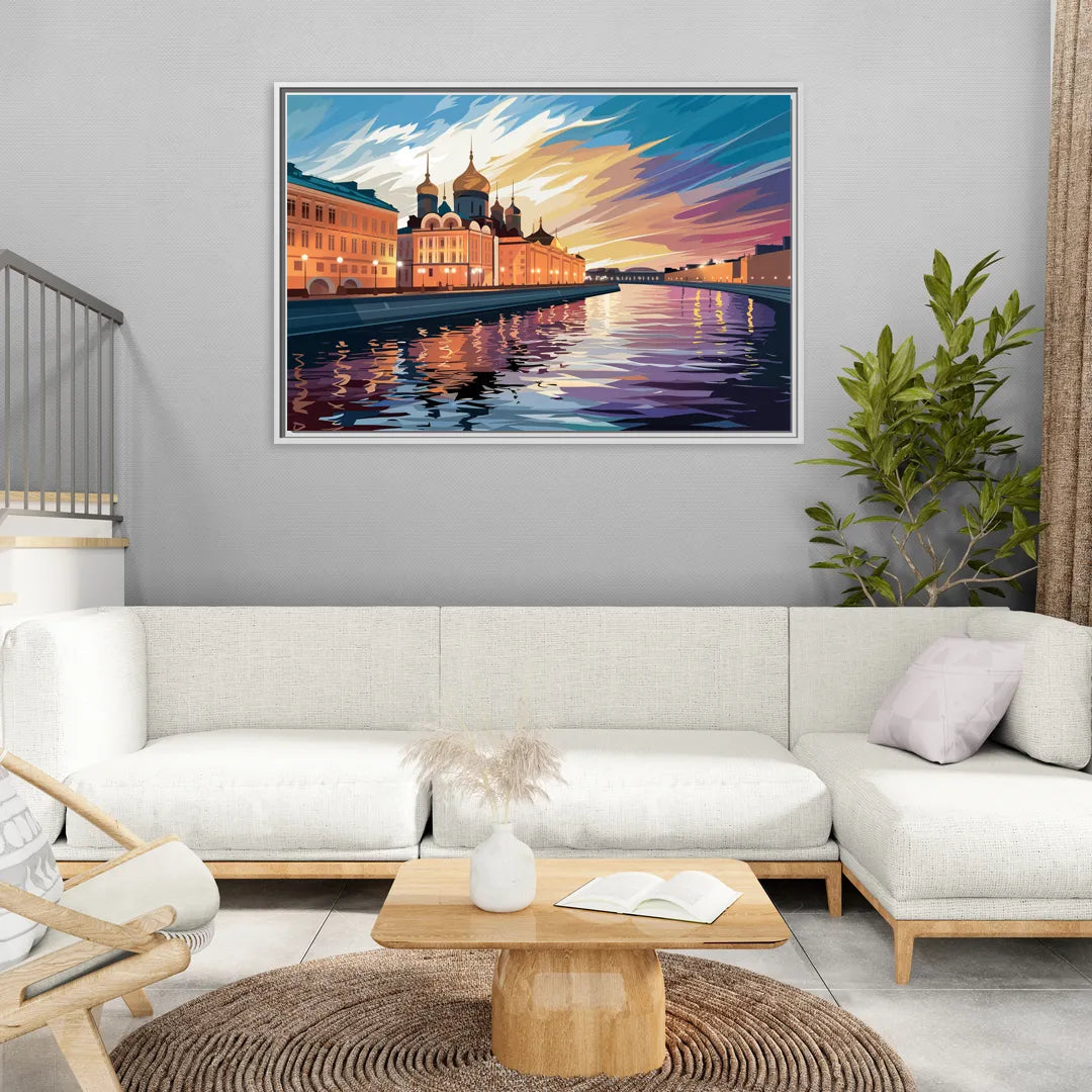 St. Petersburg Waterfront Sunset - Living Room White Frame Canvas