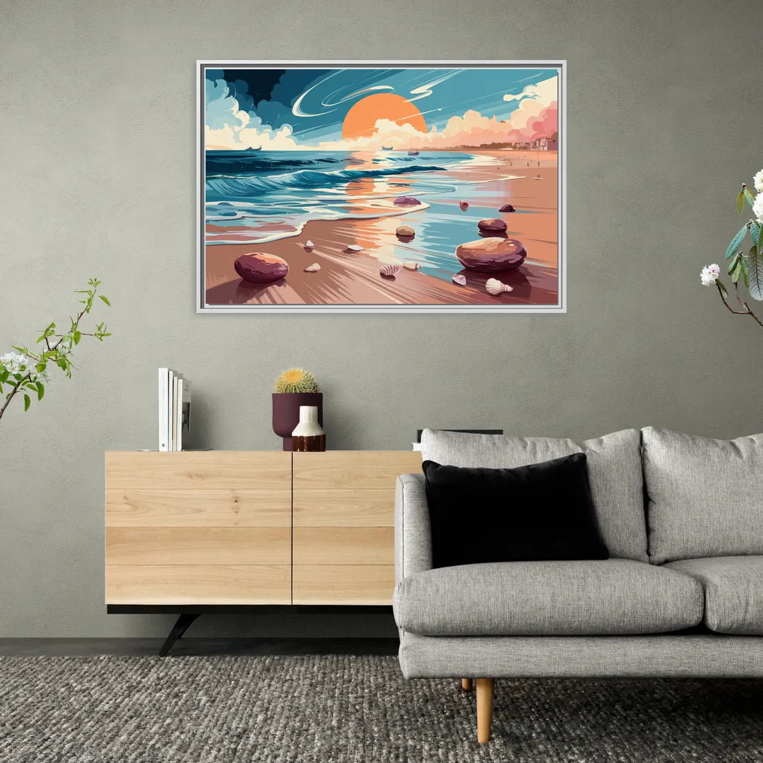 Corpus Christi Beach Sunset - Living Room White Frame Canvas