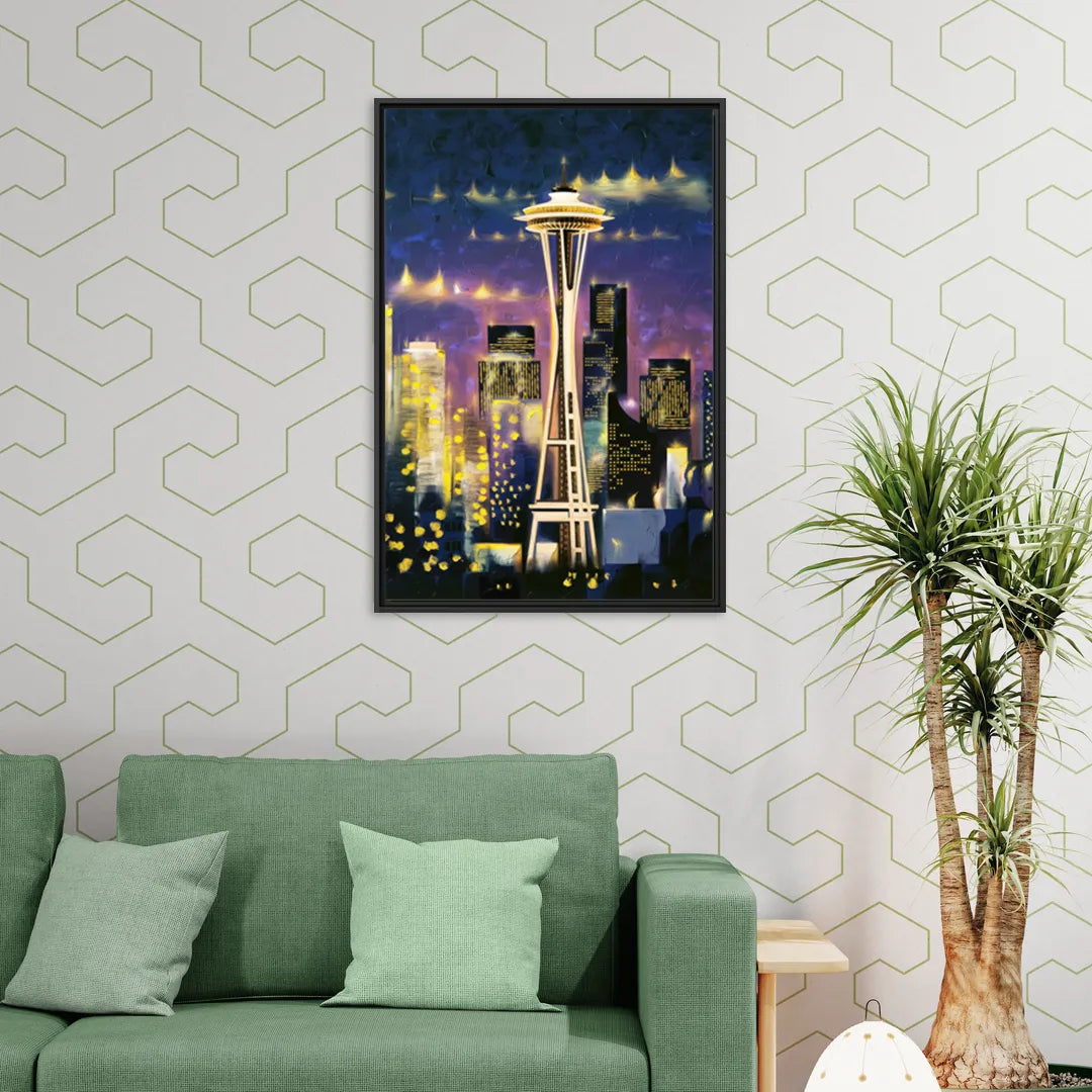 Seattle Space Needle Night Lights - Living Room Black Frame Canvas
