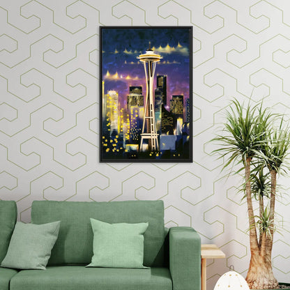 Seattle Space Needle Night Lights - Living Room Black Frame Canvas