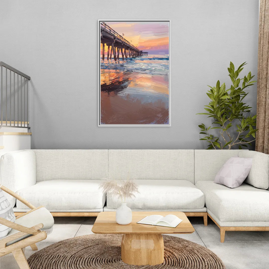 Virginia Beach Pier at Sunset - Living Room White Frame Canvas