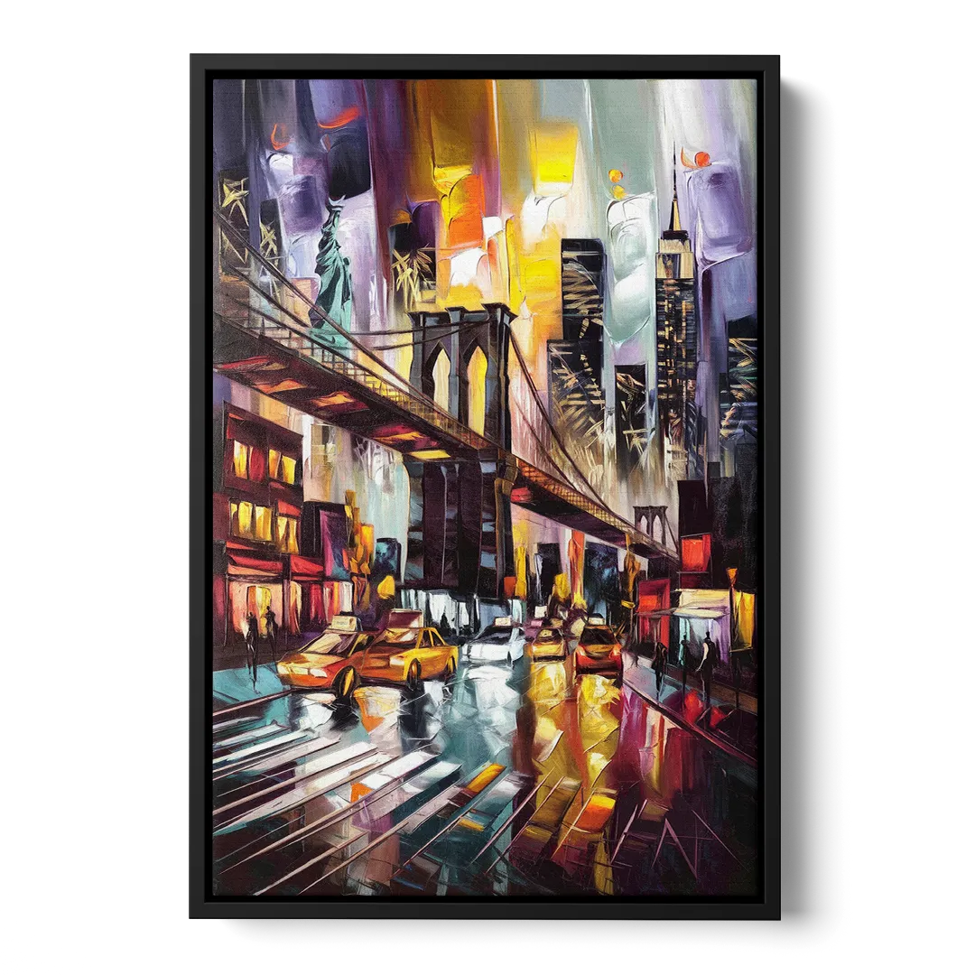 New York City Iconic Landmarks Collage Night - Black Frame Canvas