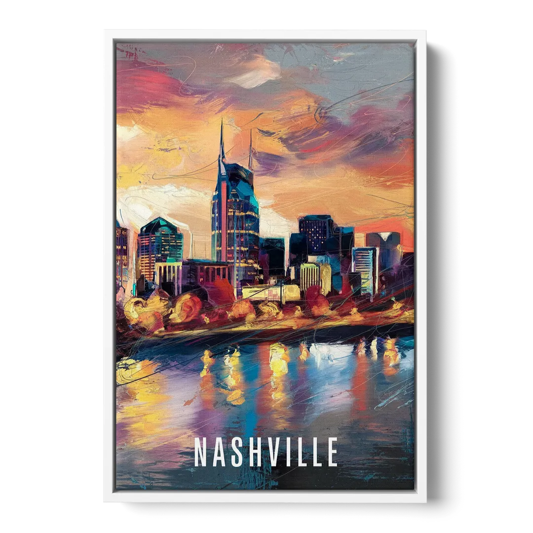 Nashville Artistic Skyline - White Frame Canvas