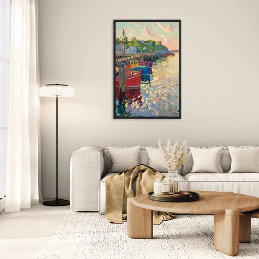 Bar Harbor Lobster Boats Harbor - Living Room Black Frame Canvas