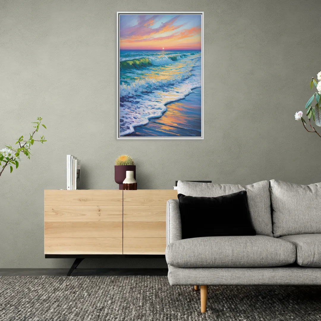 Pacific Shores Sunset - Living Room White Frame Canvas