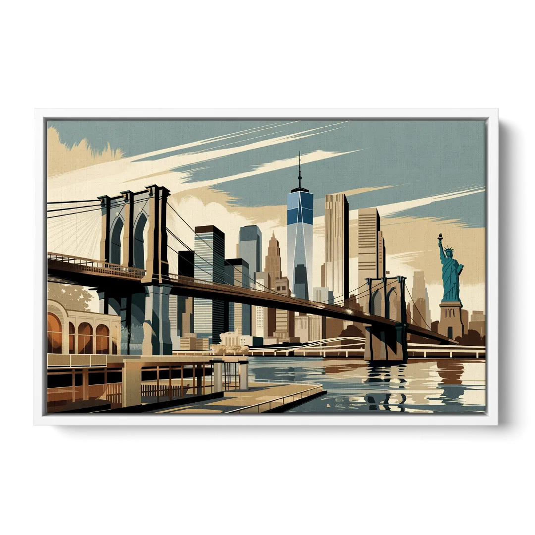 New York Brooklyn Bridge And Statue Of Liberty - White Frame Canvas