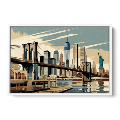 New York Brooklyn Bridge And Statue Of Liberty - White Frame Canvas