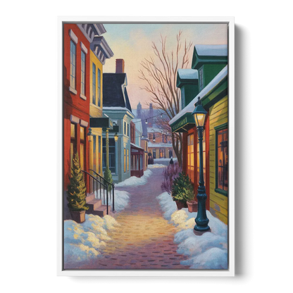 Petit Champlain Winter Quebec - White Frame Canvas