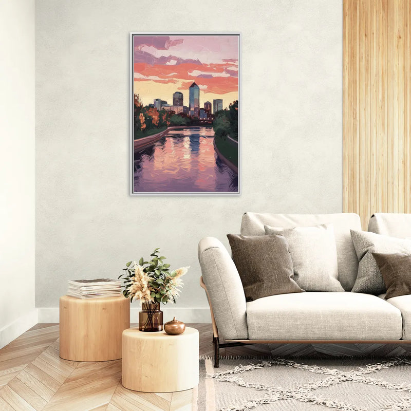 Arlington Skyline Sunset - Living Room White Frame Canvas