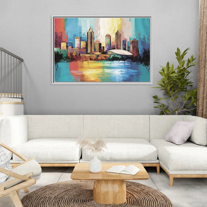 Atlanta Skyline Panoramic View - Living Room White Frame Canvas