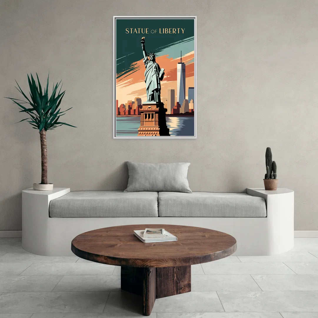 New York City Statue of Liberty - Living Room White Frame Canvas