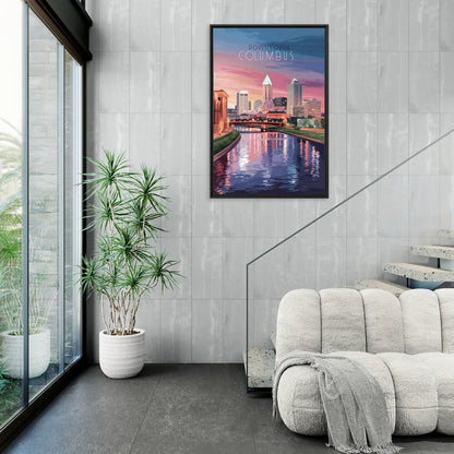 Columbus Downtown Panorama - Living Room Black Frame Canvas