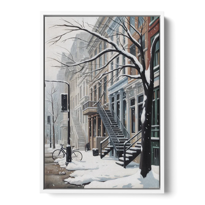 Montreal Snowy Streets - White Frame Canvas