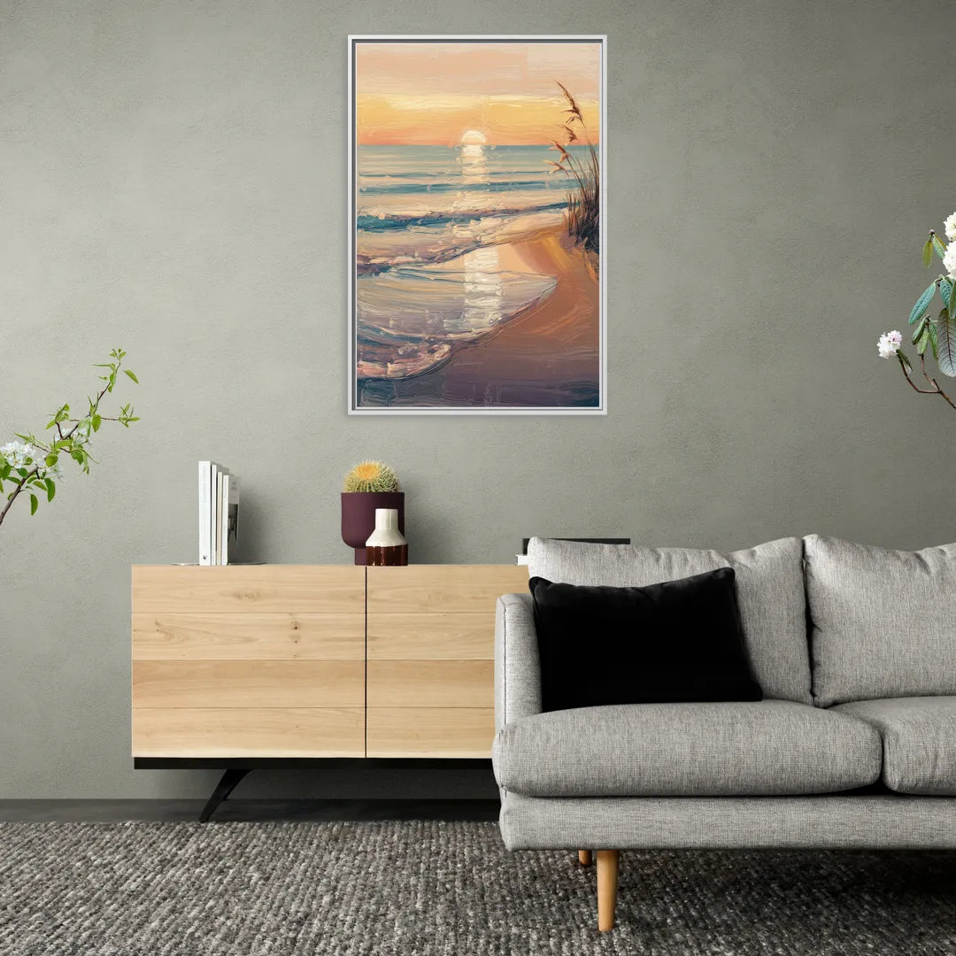 Seaside Coastal Sunrise - Living Room White Frame Canvas
