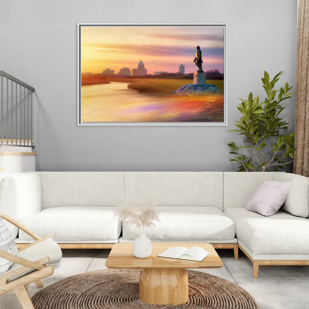 Wichita Skyline Sunset - Living Room White Frame Canvas
