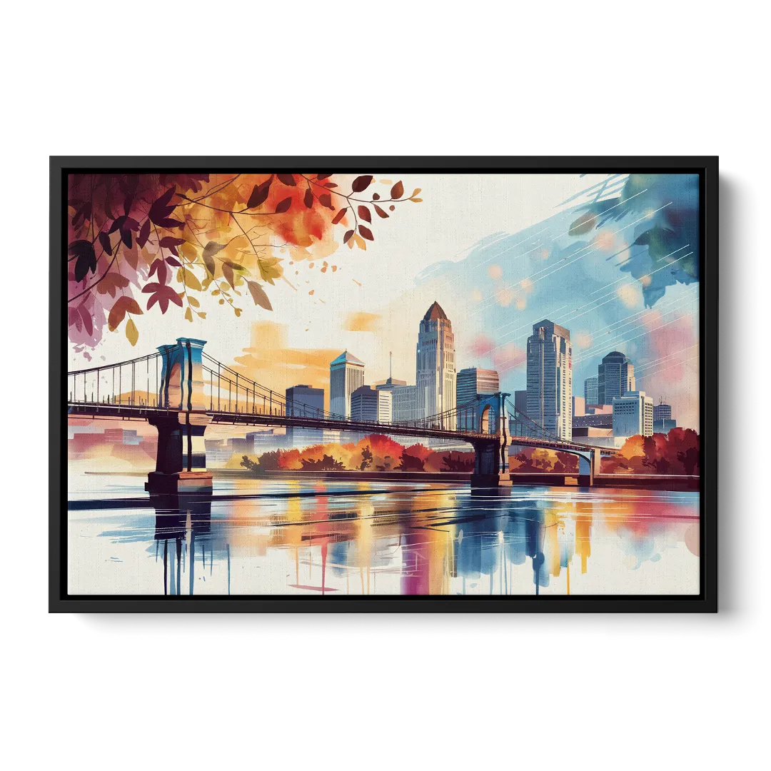 Cincinnati Skyline In Autumn - Black Frame Canvas