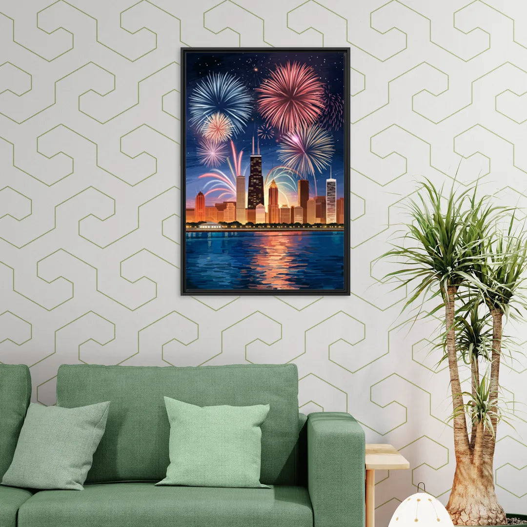 Chicago Skyline and Fireworks - Living Room Black Frame Canvas