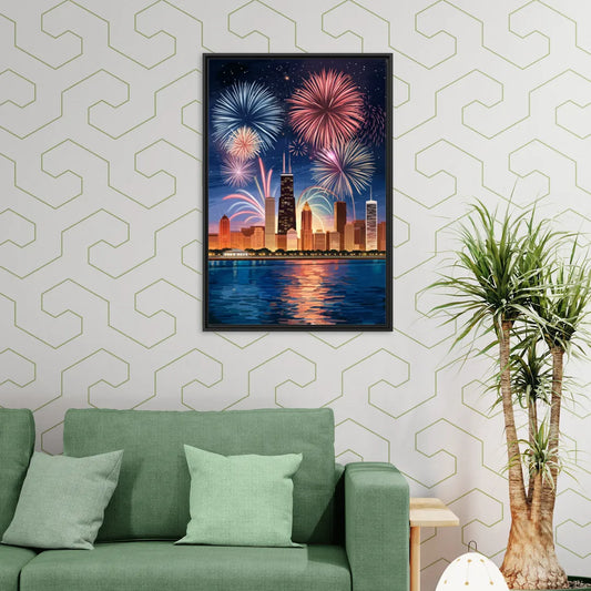 Chicago Skyline and Fireworks - Living Room Black Frame Canvas