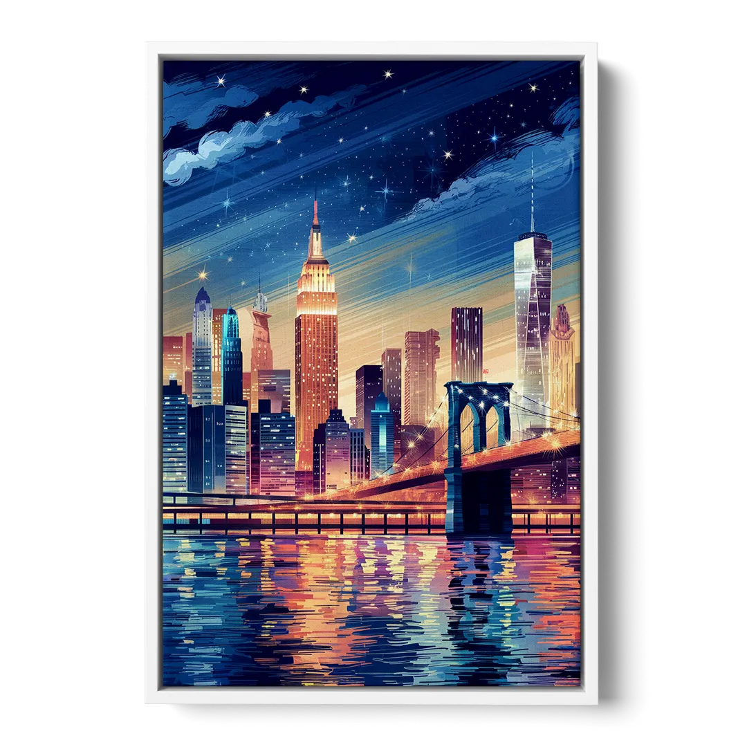 New York City Night Lights - White Frame Canvas