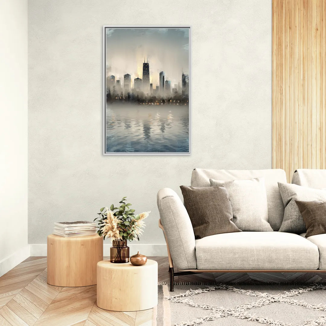 Chicago Skyline in Fog - Living Room White Frame Canvas