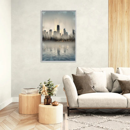 Chicago Skyline in Fog - Living Room White Frame Canvas