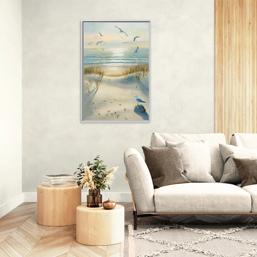 Virginia Beach Seagulls in Flight - Living Room White Frame Canvas