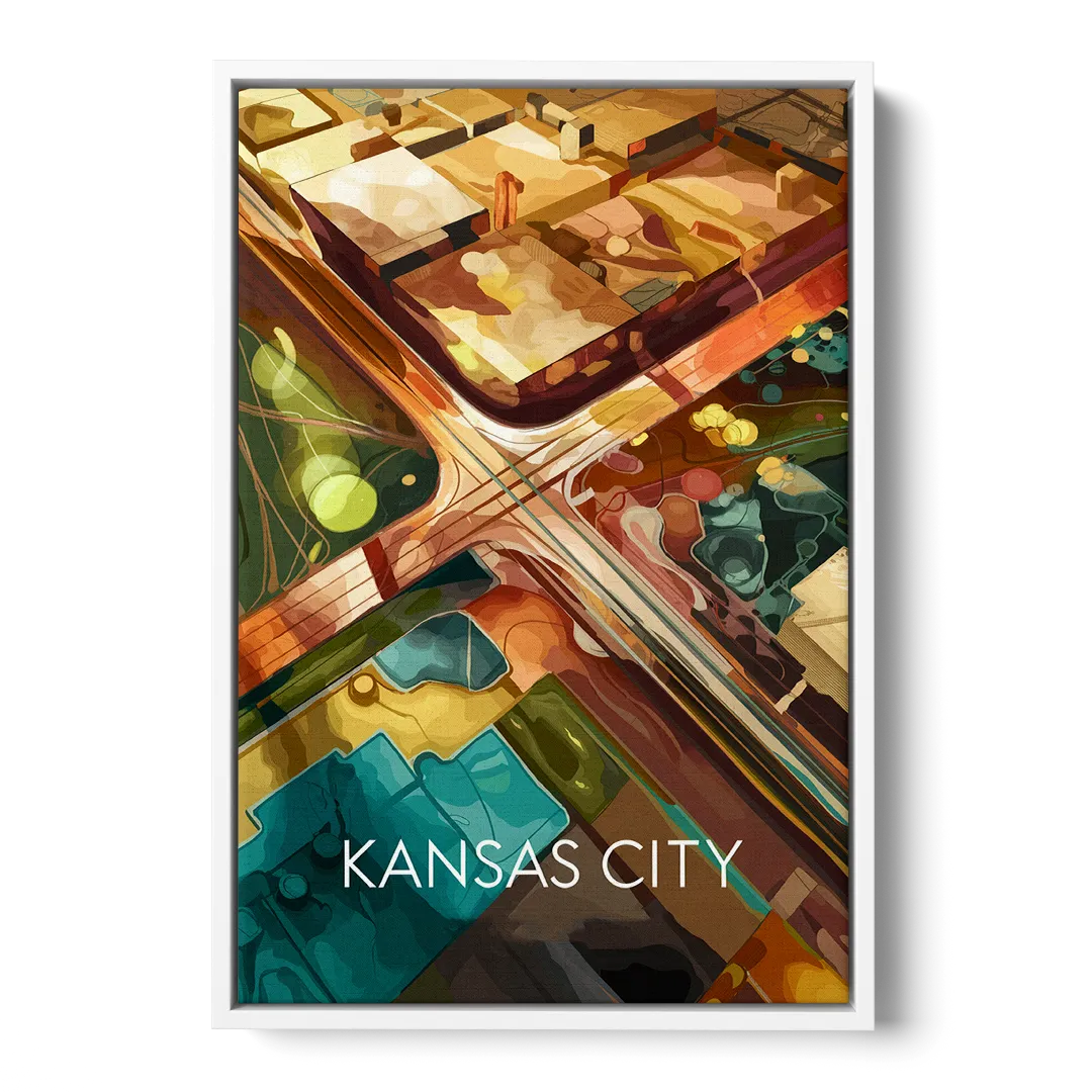 Kansas City Aerial View - White Frame Canvas