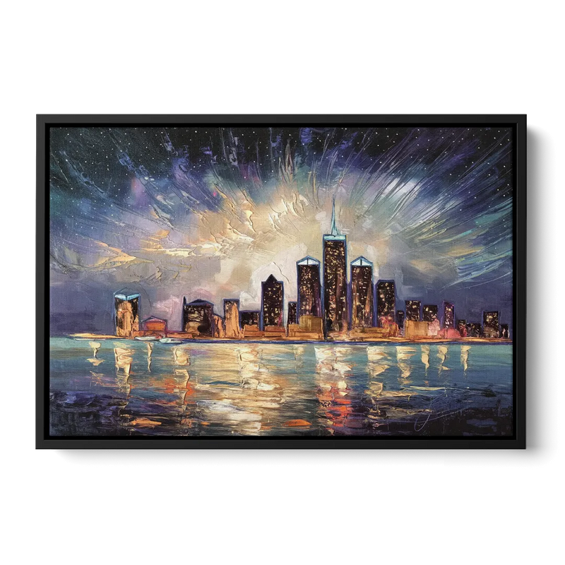 Detroit Skyline And Stars - Black Frame Canvas