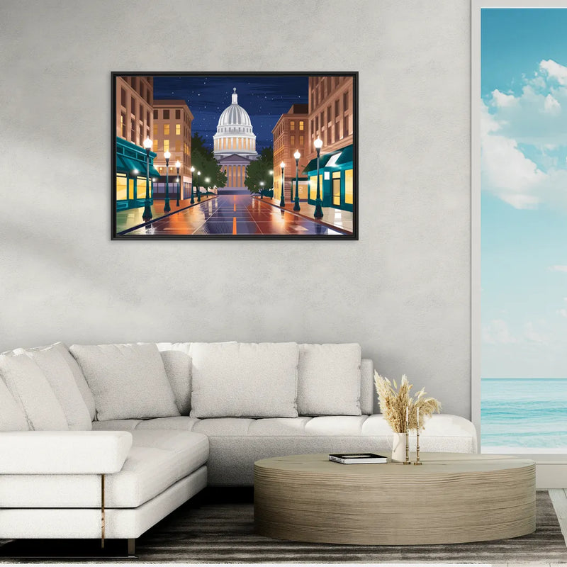 Madison Capitol Square Nights - Living Room Black Frame Canvas