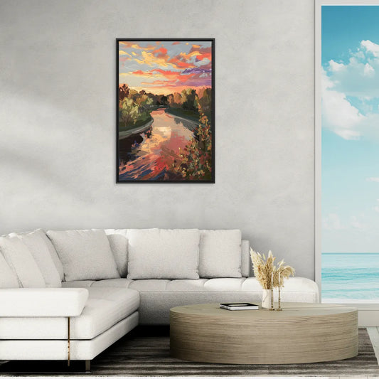 Fort Wayne Sunset Over River - Living Room Black Frame Canvas