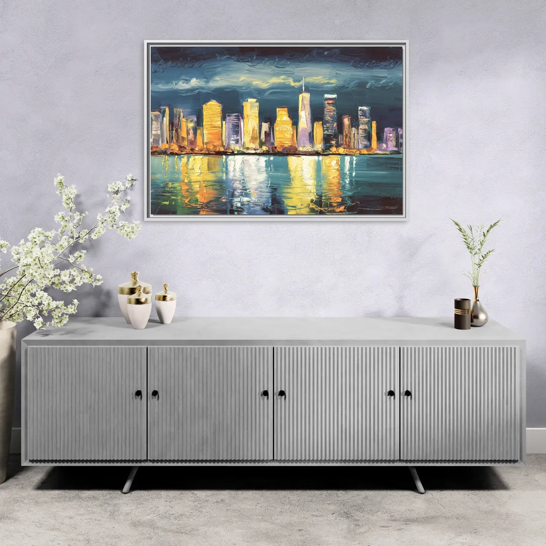 Jersey City Night Lights - Living Room White Frame Canvas