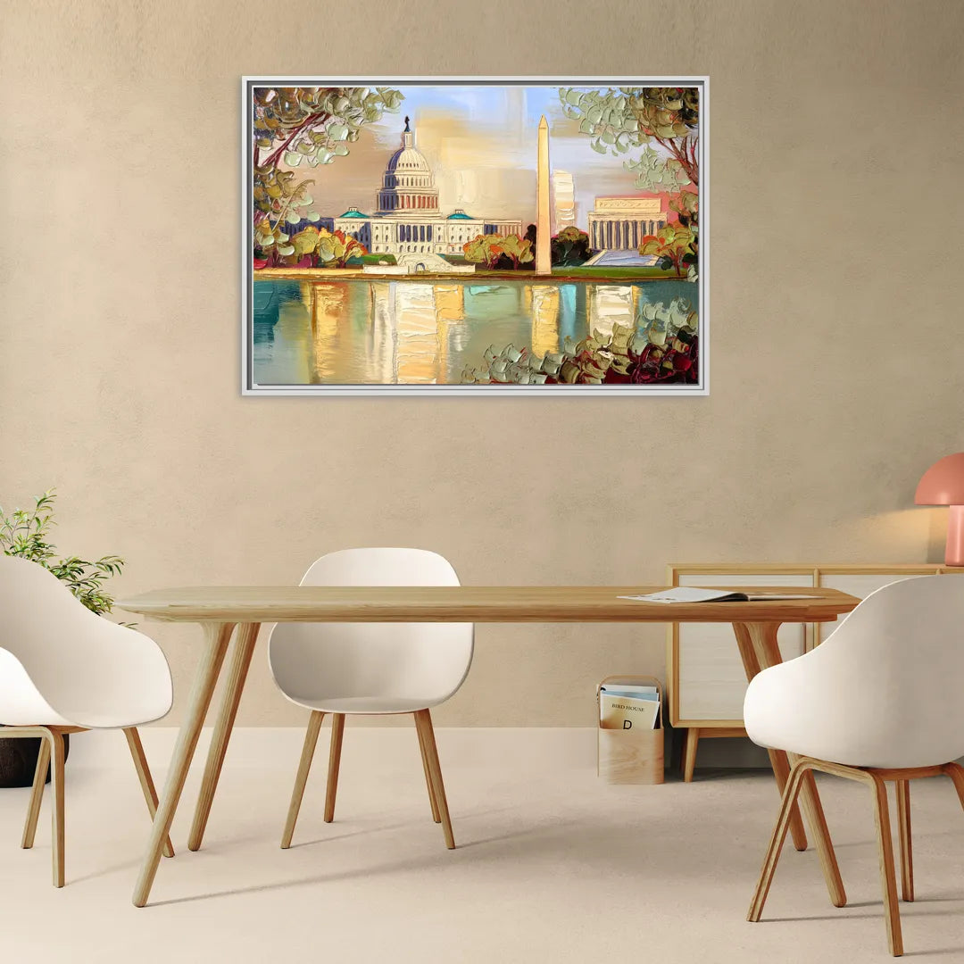Washington Sunny Cityscapes - Living Room White Frame Canvas